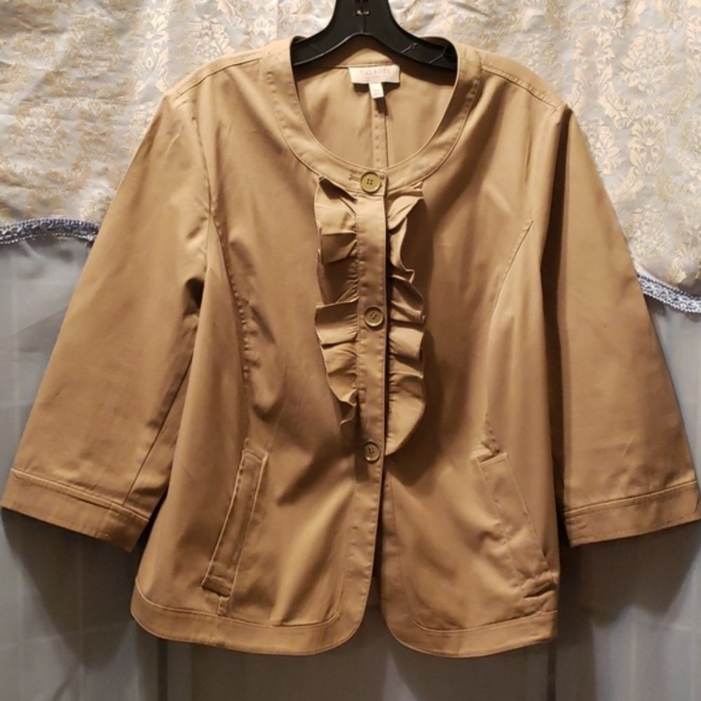 Talbots Woman Tan Jkt Ruffles Button Down Sz 14w
